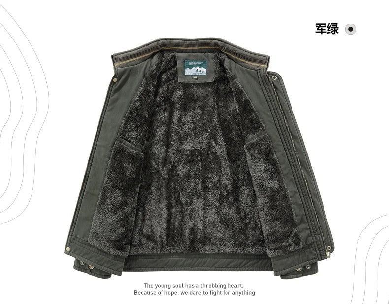 Vintage Thick Wool Parka Men's New 2024 Winter Washed Cotton Fleece-lined Warm Work Jacket Outdoor Camping Hunting Velvet Coats
