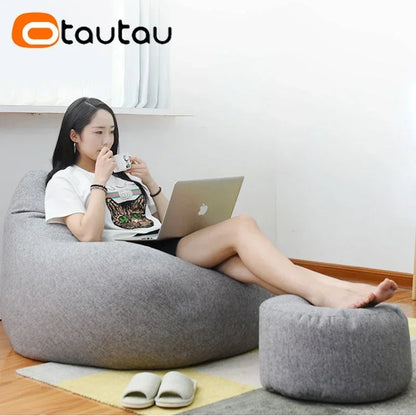 OTAUTAU Linen Bean Bag Chair with Filling Beanbag Pouf Ottoman Footstool Tatami Round Stool Futon Puff Relax Lounge Furniture