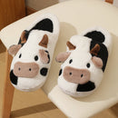 Unisex Cartoon Cow Warm Plush Slippers Non-slip Indoor Slides Couple Home Cotton Shoes Toe Wrap New Winter 