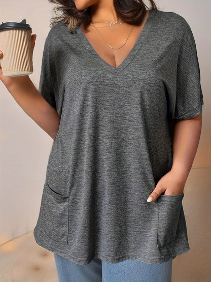 Camiseta de manga curta com decote em v feminina com bolsos frontais, top confortável e elegante, plus size, casual