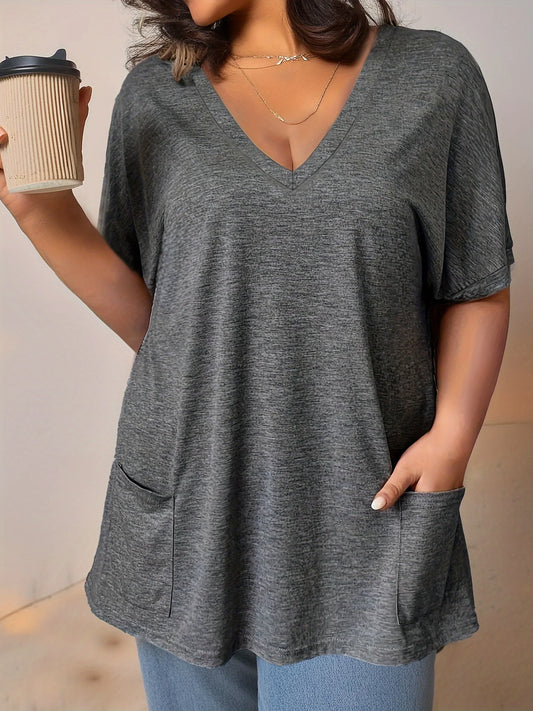 Camiseta de manga curta com decote em v feminina com bolsos frontais, top confortável e elegante, plus size, casual