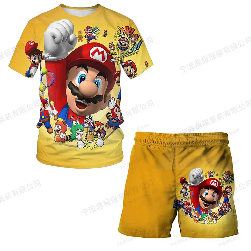 Summer anime Super Mario fashion cute boy 3D top T-shirt+shorts two-piece set Mario girl and boy top short sleeved shorts