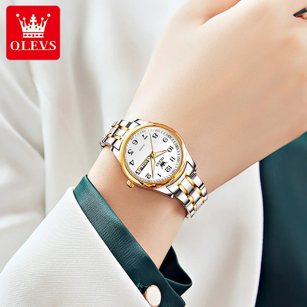 Relogio feminino de luxo bicolor aço inoxidavel e calendario duplo