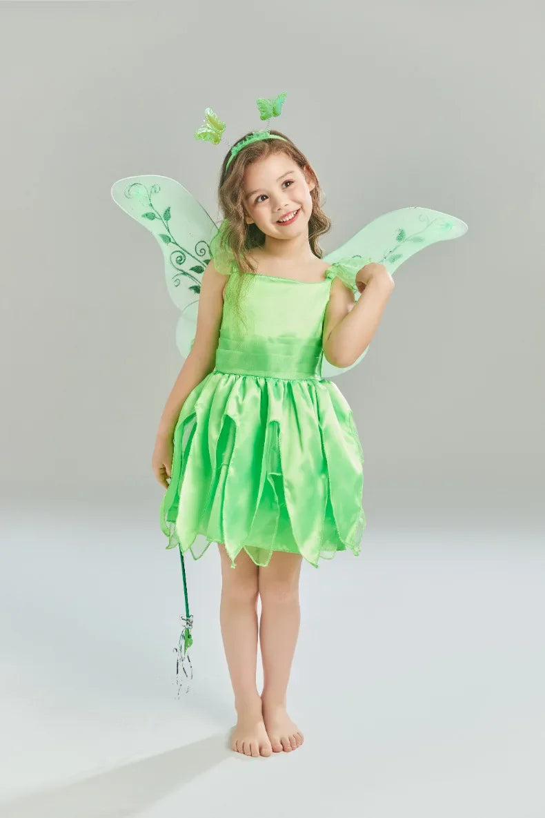 Girls Disney Party Dresses Fairy Tiana Costume for Girl Tinkerbell Children Clothing Princess Elf Birthday Ball Gown Wing Dresse