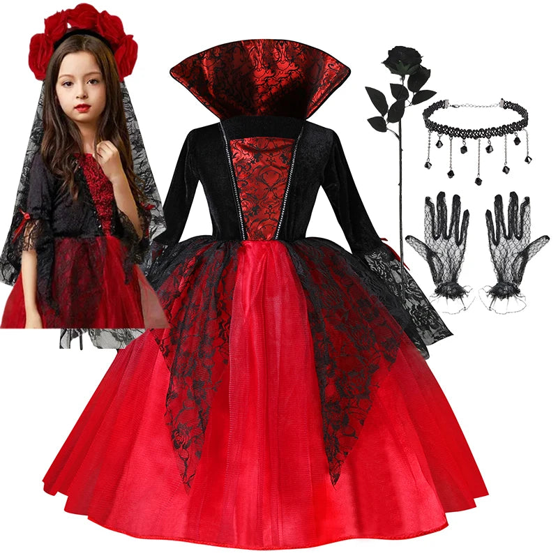 Fantasia de Vampira para Meninas (Halloween) – Vestido de Noiva Fantasma/Vampira – Traje para Festa de Carnaval e Estilo Gótico Escarlate