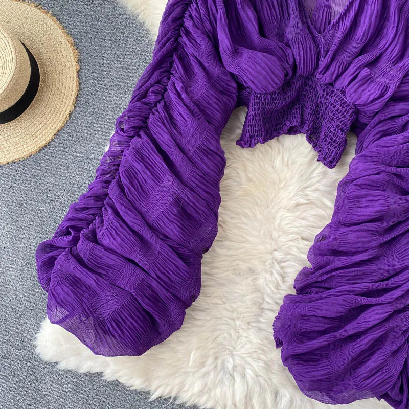 Blusa corta de gasa sexy para mujer, transparente, de manga larga, con pliegues, color morado, verde, negro y blanco, para fiesta, novedad de 2021.