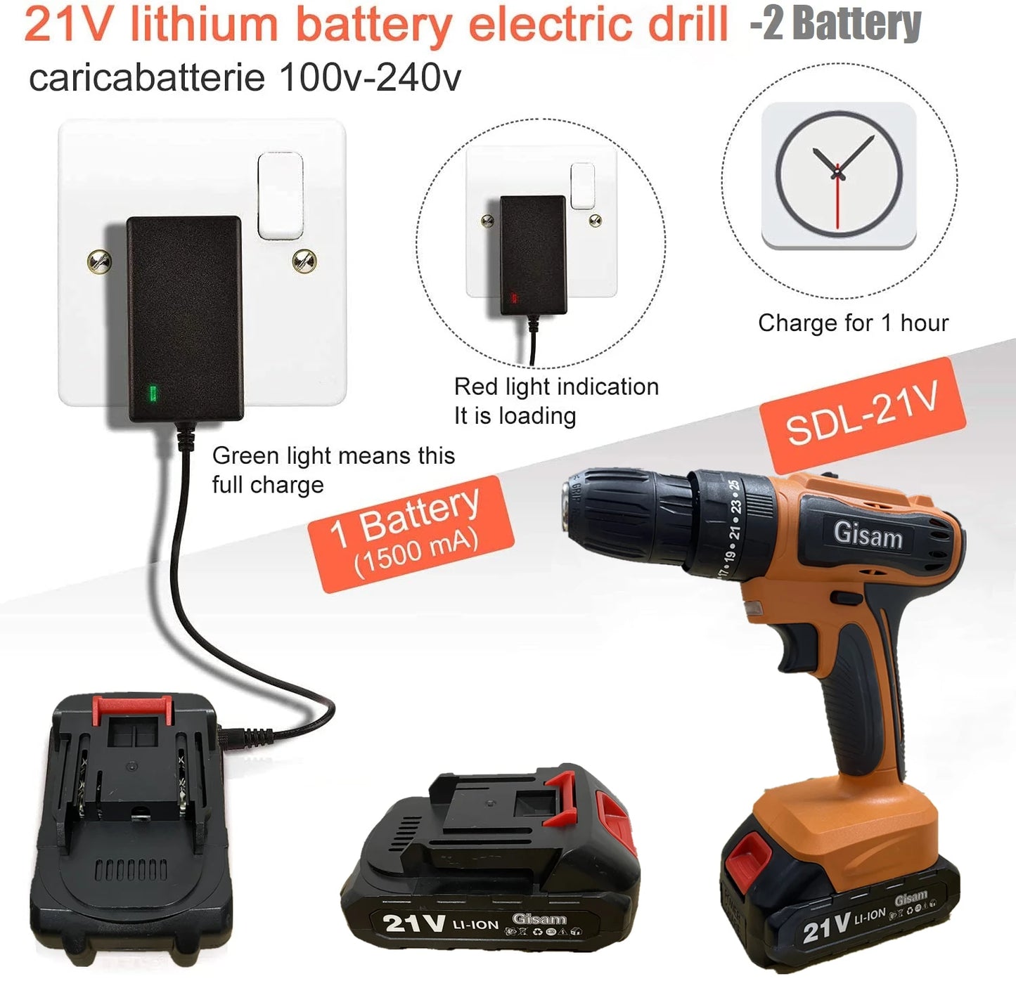 21V Cordless Drill Electric Screwdriver,25+3 Torque Settings,2-Speeds,Rechargeable Battery Drill Set Electric Screwdriver Tools