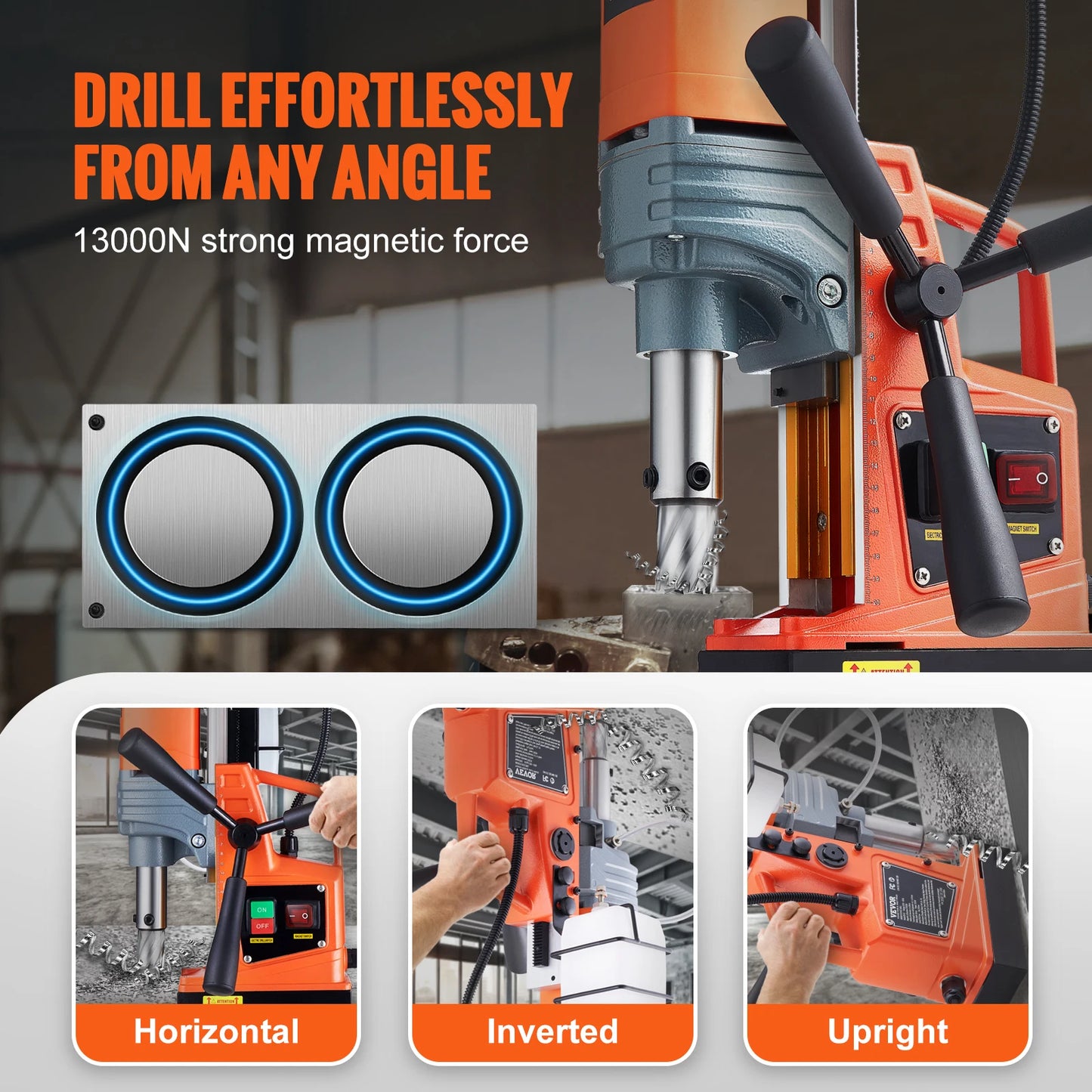 VEVOR Magnetic Drill,1300W 1.57" Boring Diameter,13000N Portable Electric Mag Drill Press w/Variable Speed, Drilling Machine