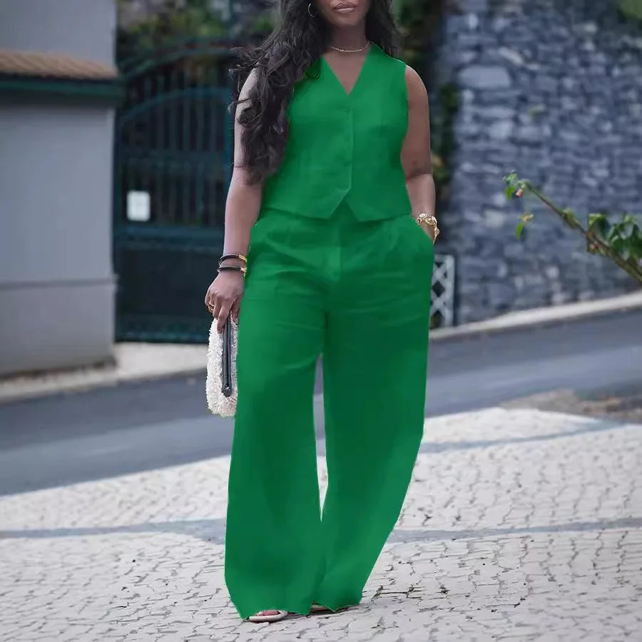 CM.YAYA Street Women's Set Sleeveless Button Fly Vest Shirt and Wide Leg Pants Elegant 2024 Fall Fashion Two 2-Piece Set Outfits