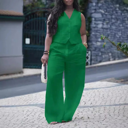 CM.YAYA Street Women's Set Sleeveless Button Fly Vest Shirt and Wide Leg Pants Elegant 2024 Fall Fashion Two 2-Piece Set Outfits