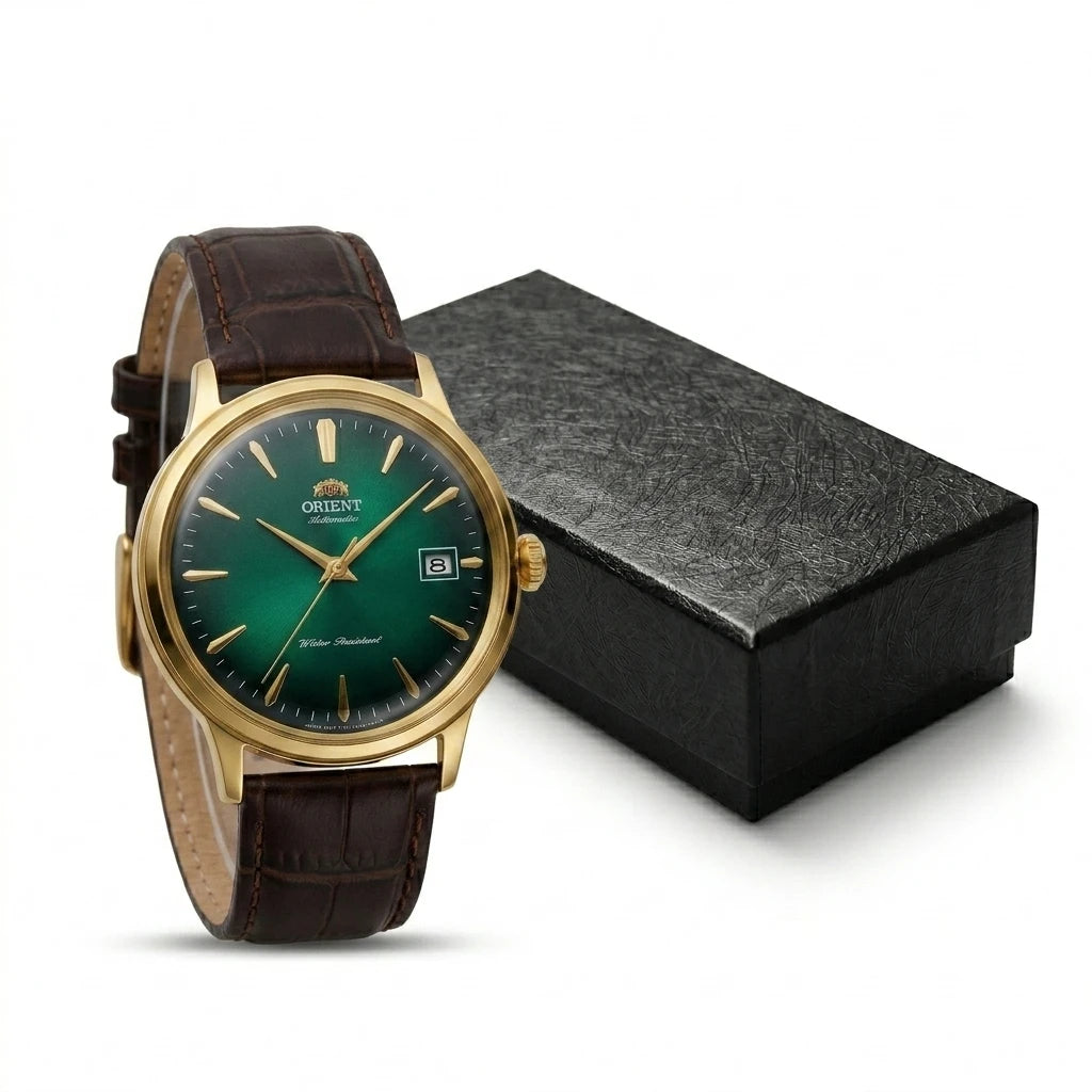 Relógio masculino automático vintage com pulseira de couro caixas dourada