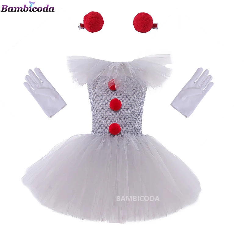 Gray Joker Girls Halloween Costume Tutu Dress Creepy Clown Kids Carnival Party Cosplay Clothing Children Tulle Fancy Dress 2-12Y