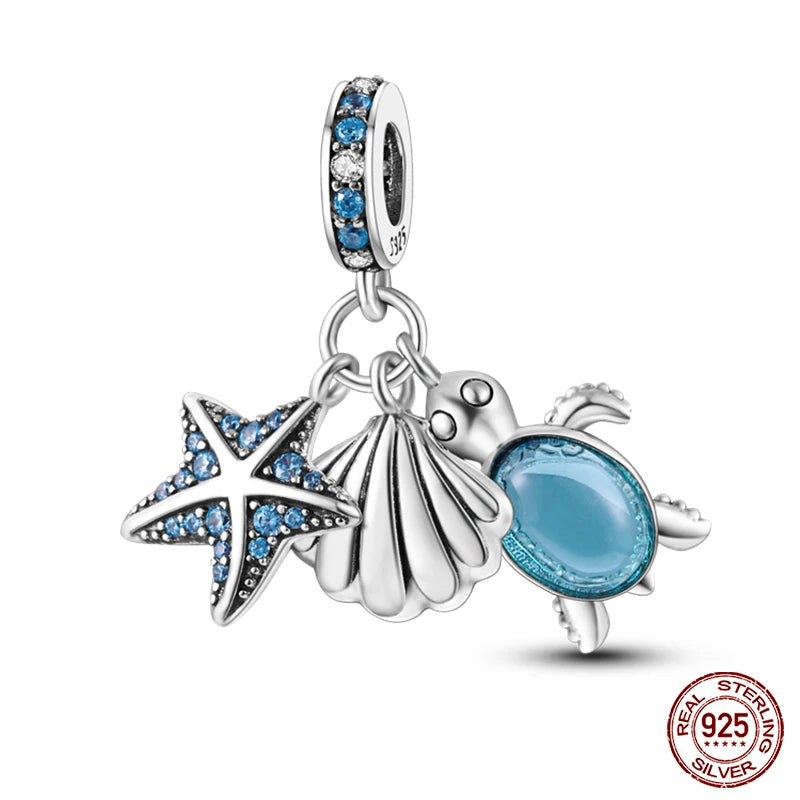 Ocean Series - Original Genuine 925 Sterling Silver Turtle Crab Mermaid Charm Beads Suitable for 3mm Bracelet DIY Making Pendant