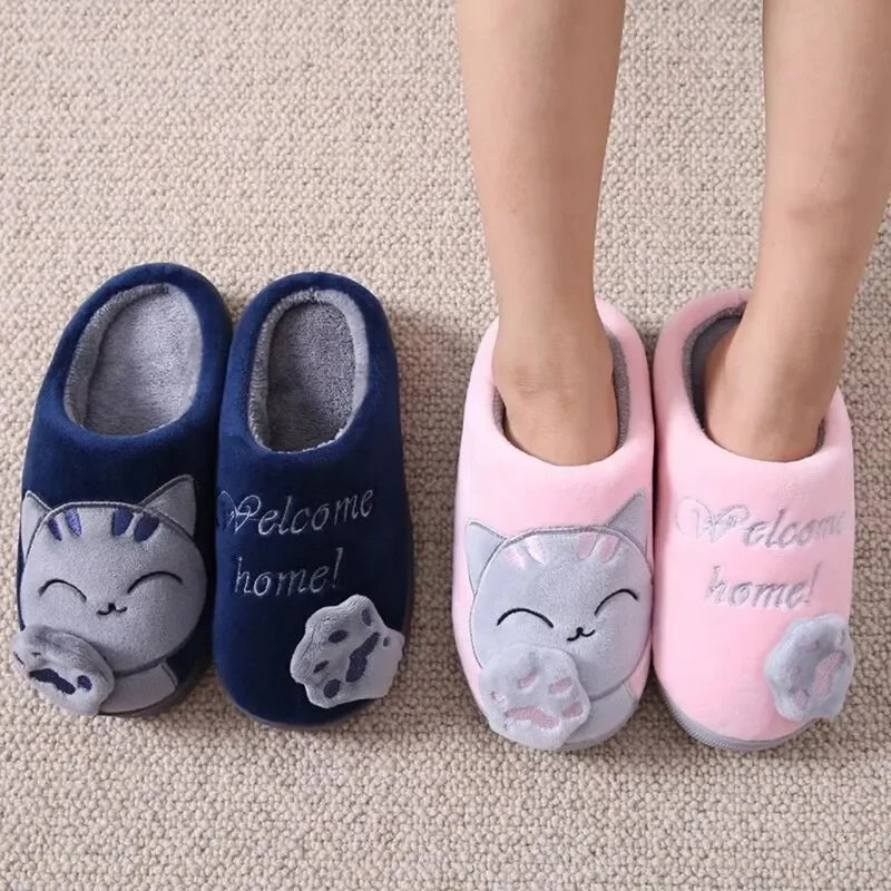 Women's Winter Warm Slippers Cartoon Cat Shoes Furry Plush Slides Round Toe Flats Indoor Home Bedroom Floor Slippers Ladies Shoes