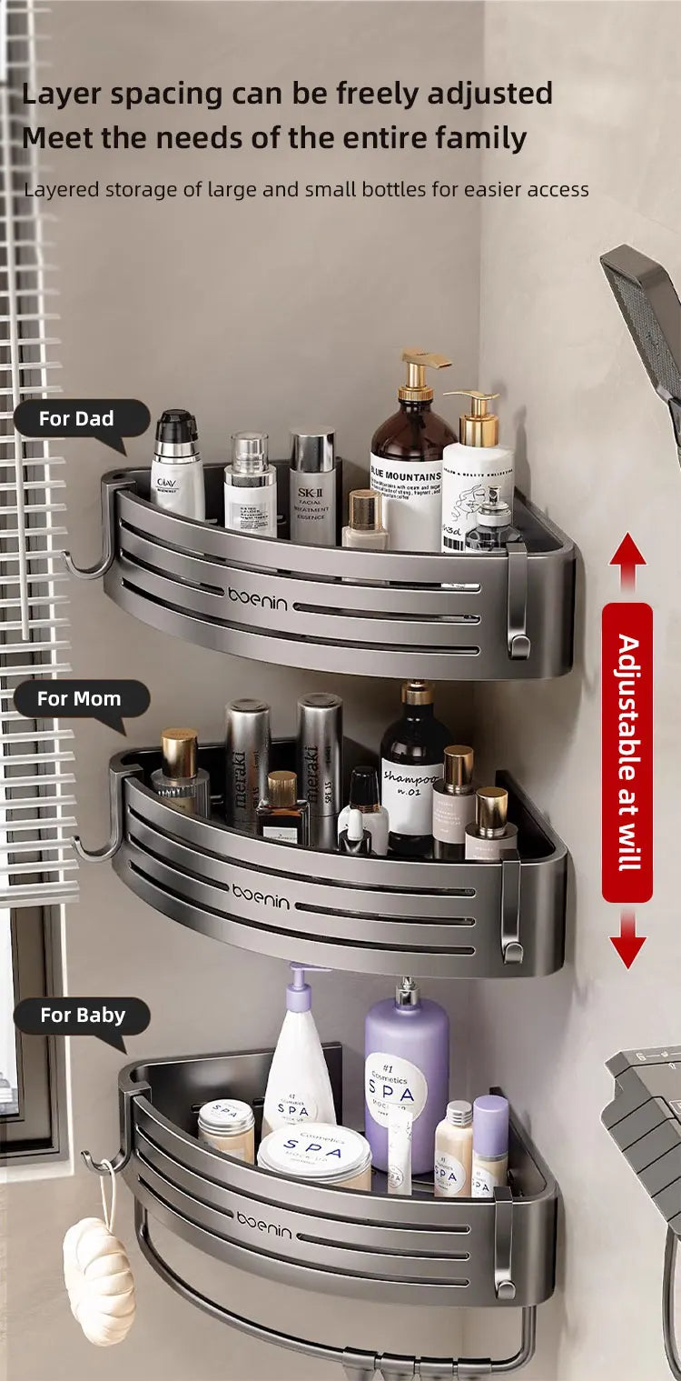 No Drill Bathroom Corner Shelf Wall Mounted Shower Corner Shelves with Hook Towel Bar Space Aluminum Bathroom Organizer Rack