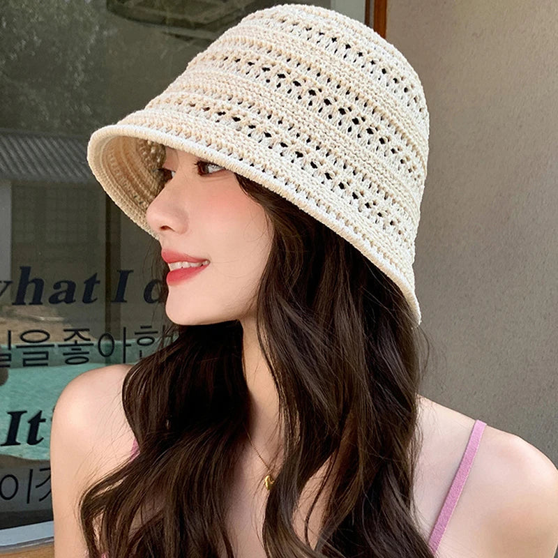 Summer Bucket Hat Fisherman Hat Women Hollow Out Sun Hat Outdoor Casual Versatile Panama Hats Crochet Foldable Caps Beach Cap