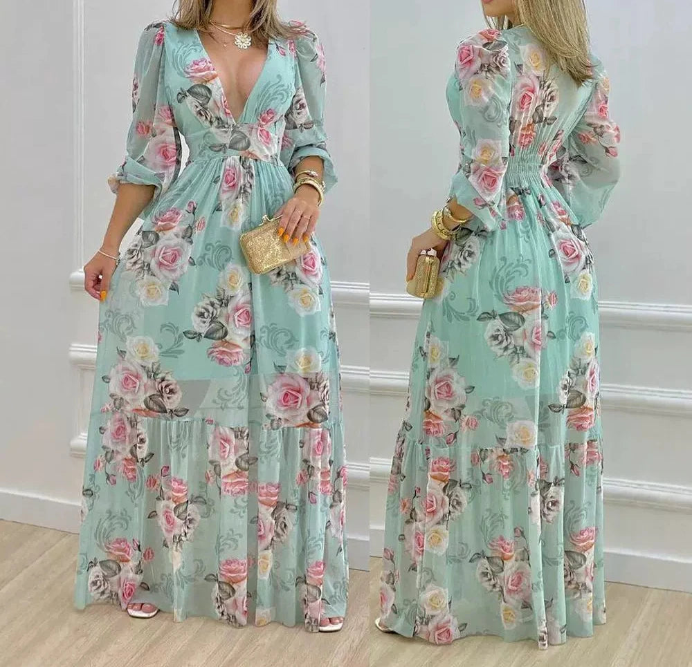 Maxi Dress for Women V-Neck Sleeveless Floral Printed Lantern Sleeve Large Swing Skirt High Waist Loose Dresses 2024 Summer New