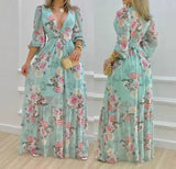 Maxi Dress for Women V-Neck Sleeveless Floral Printed Lantern Sleeve Large Swing Skirt High Waist Loose Dresses 2024 Summer New