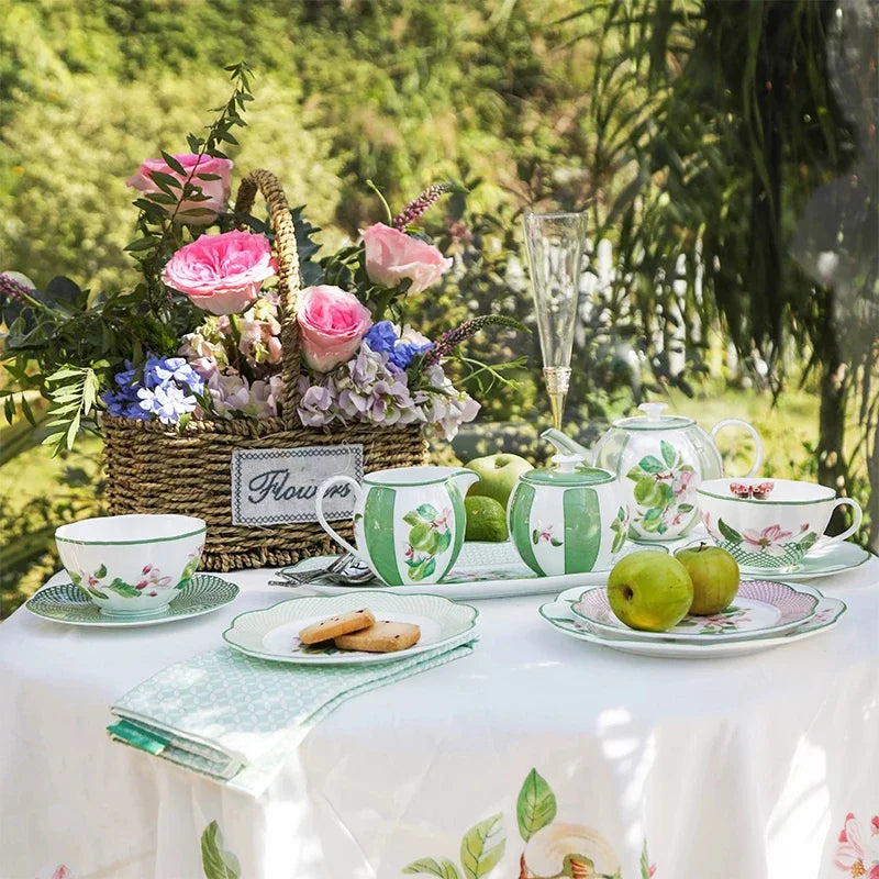 Ceramic Plate Household Bone China Dinner Plate Set Vintage Green Flower Dishes Tableware Oval Large Tray Dinnerware Sets
