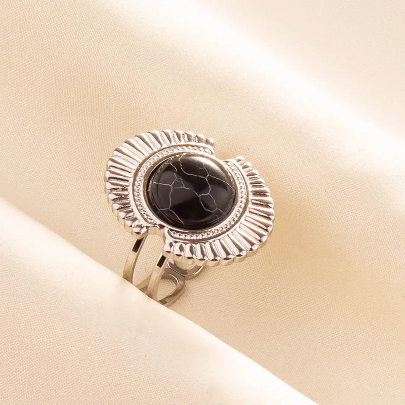1pc Boho Turquoise Ring Stainless Steel Black Stone Silver Color Adjustable Ring Women Ethnic Ring Bohemian Jewelry Gift No Fade