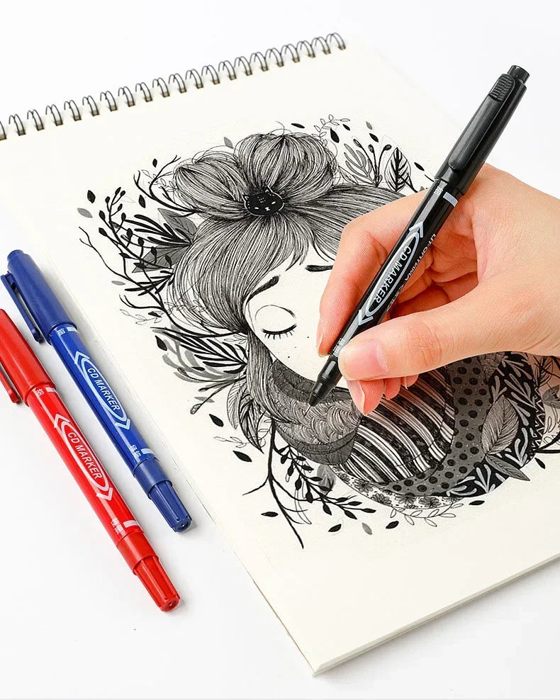 10Pcs Double Tip Permanent Markers Pens Waterproof Oily Fine Tip Black Painting Marker Graffiti Marking Pens School Supplies