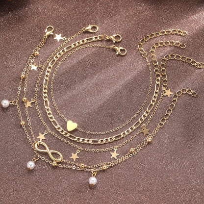 5Pcs Bohemian Pineapple Pearl Anklet for Women Fashion Simple Temperament Ladies Infinite Ankle Bracelets Jewelry Star Anklets