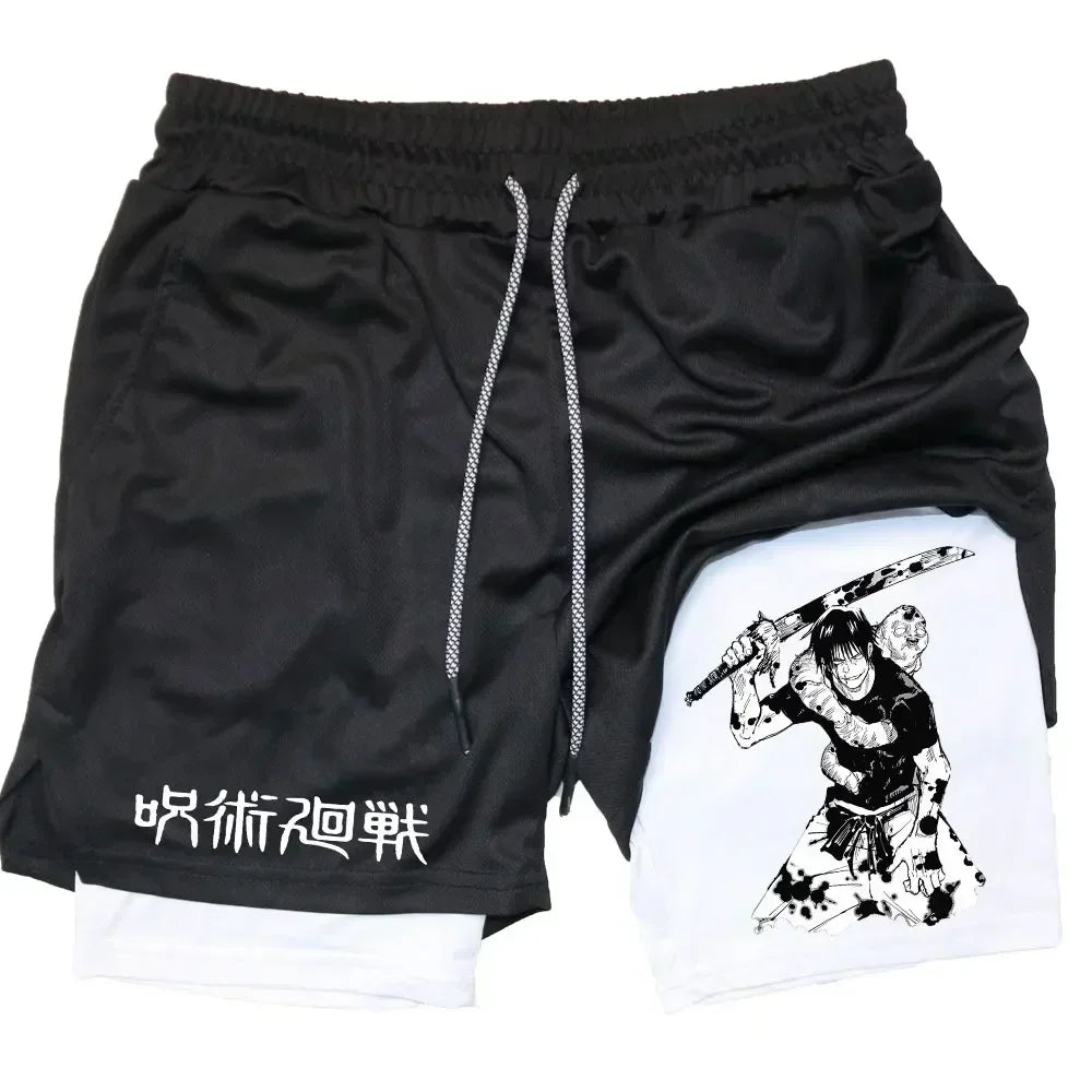 Men's Sports Shorts Anime Performance Shorts Printed Men GYM Casual Sport Compression Shorts Workout Running Mesh 2 in 1 Shorts