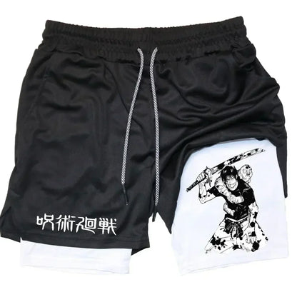 Men's Sports Shorts Anime Performance Shorts Printed Men GYM Casual Sport Compression Shorts Workout Running Mesh 2 in 1 Shorts