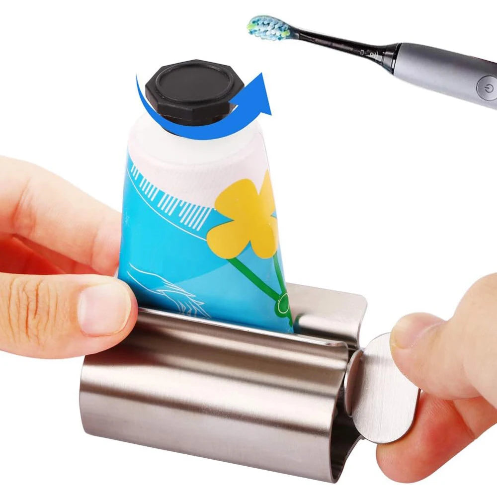 Accesorios de baño Exprimidor de pasta de dientes con rodillo de acero inoxidable, dispensador giratorio para ungüentos y cosméticos