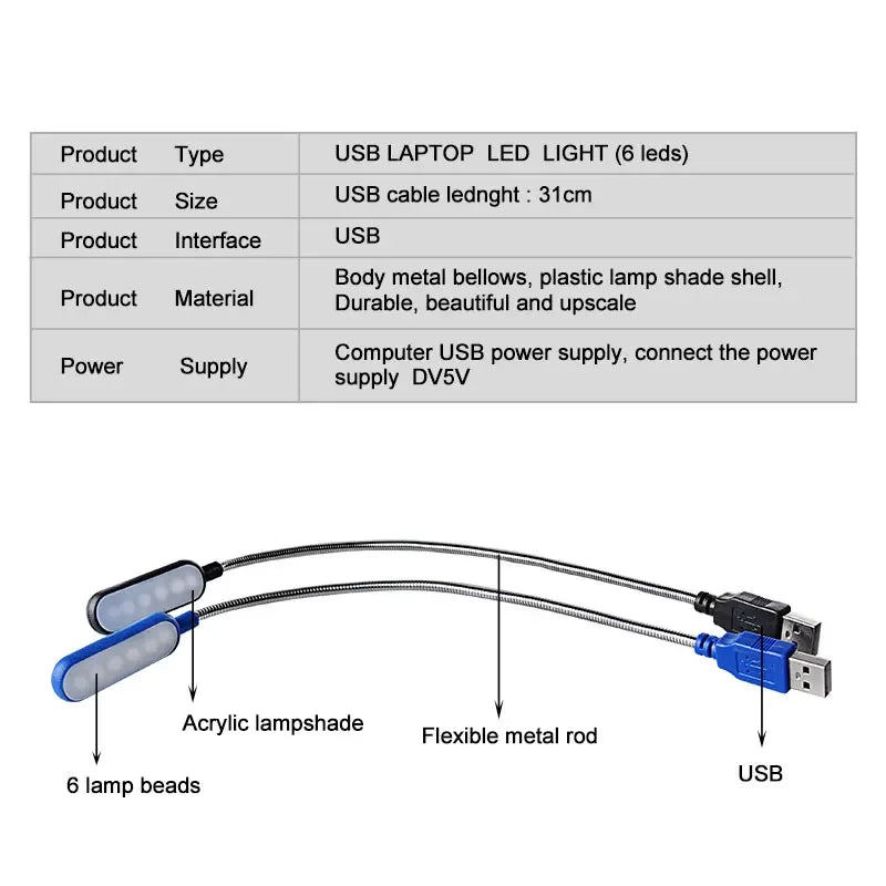 Portable USB Book Light Mini LED Reading Table Lamp Flexible 6leds Night Lights Book Lamp For Laptop Notebook PC Computer