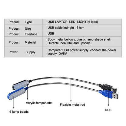 Portable USB Book Light Mini LED Reading Table Lamp Flexible 6leds Night Lights Book Lamp For Laptop Notebook PC Computer