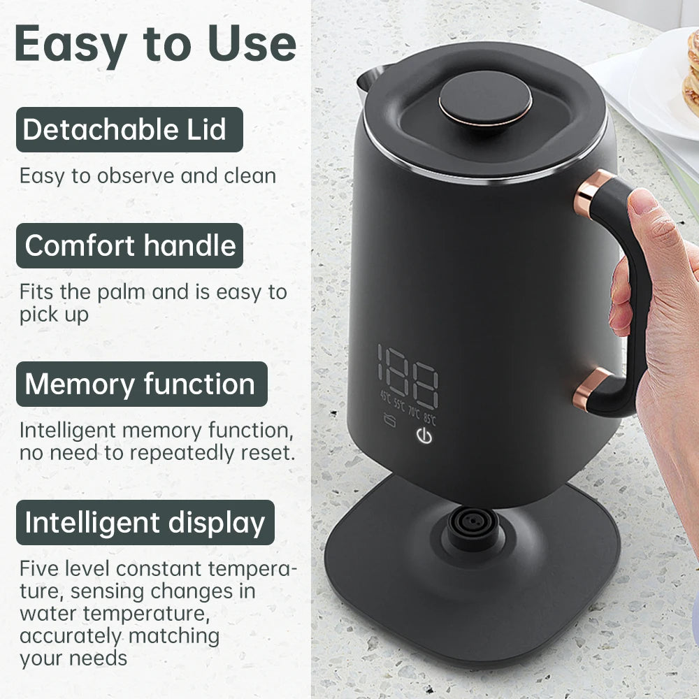 Electric Water Boiler Kettle for Tea Coffee 5 Levels Temperature Control Auto Shut Off Double Layer Insulated Hot Water Kettle