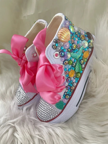 Dollbling Shell Simulação Sapatos de lona, DIY Bling Handmade Shoes, tema sereia, Kids High Top Pearls Sneakers, sob o mar