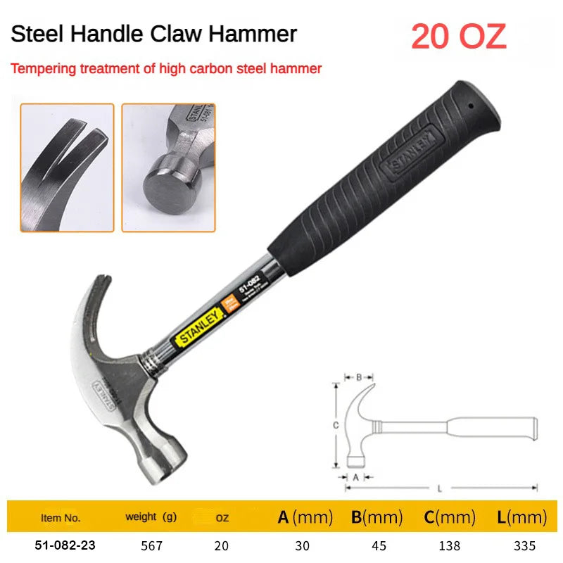 Stanley-Household Handmade Claw Hammer, Anti-Detachment, Steel, Original, Multifunctional, Safety, Hand Tool