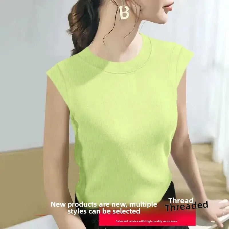 Summer Ice Silk Loose Fashionable Simple Pure Color round Neck Fly Sleeve T Shirt Women Short Sleeve Simple Style Crew Neck