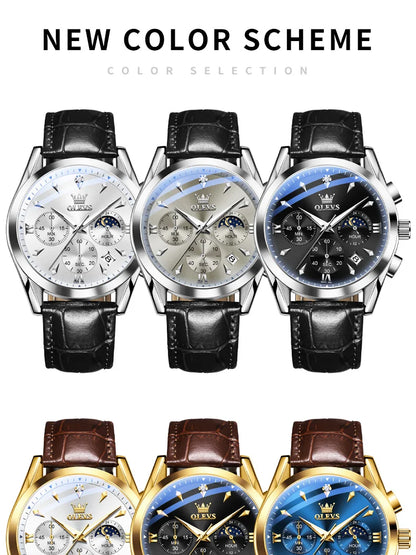 OLEVS 3609 Original Moon Phase Chronograph Man Watch Leather Strap Waterproof Luminous Luxury Brand Quartz Wrist Watches for Men