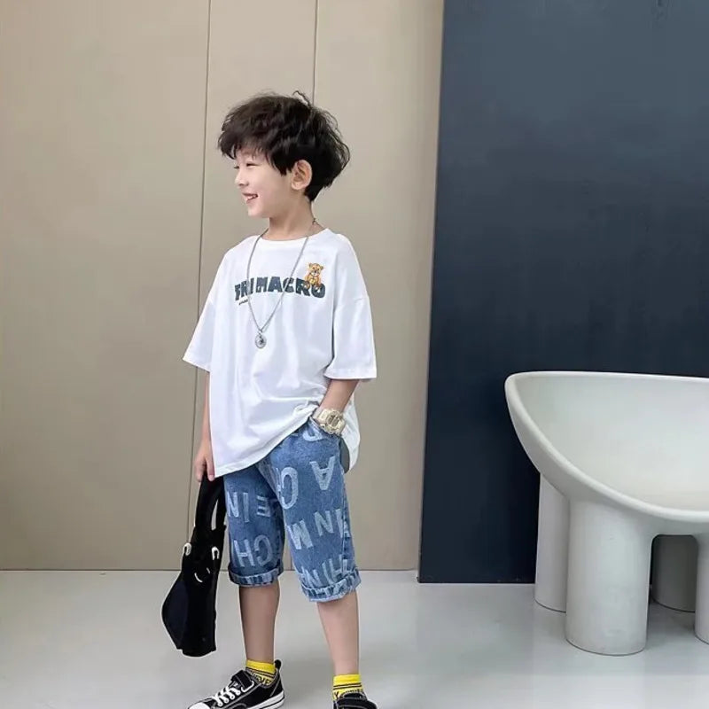 Camiseta de manga corta de verano para niños, Top de cuello redondo para niños pequeños y medianos, moda informal versátil de media manga