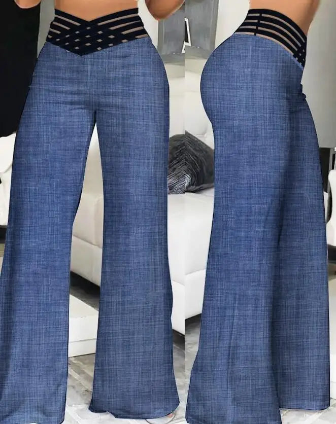 Fashion Office Ladies Trousers Elegant Crisscross Sheer Mesh Patch Casual High Waist Flared Pants for Women Clothes 2023 Summer
