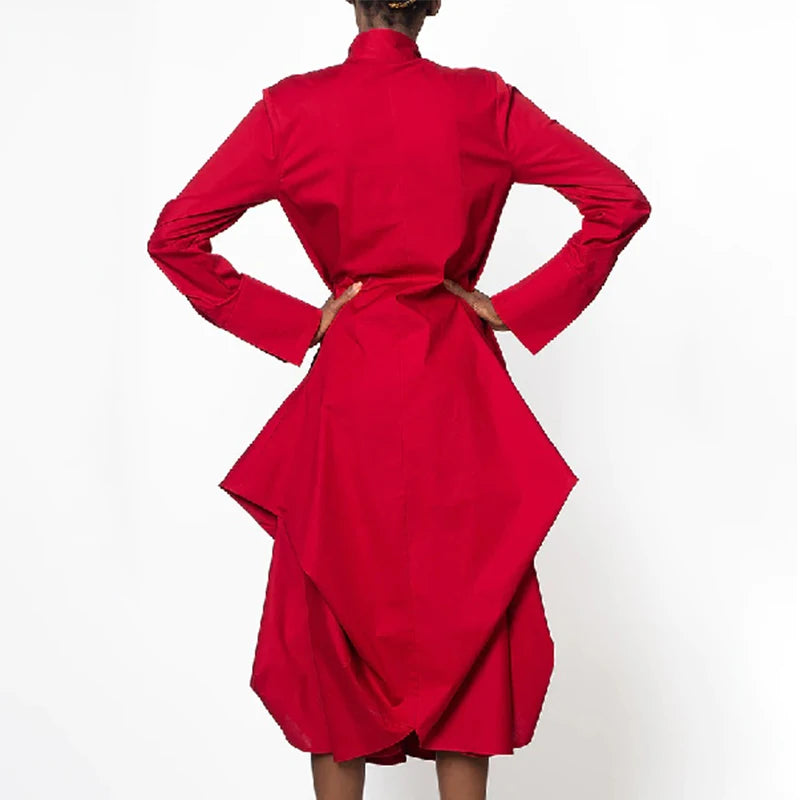 UOOZEE 2024 New Spring Women Elegant Red Party Evening Midi Dresses Long Sleeves Loose Solid Color Stand Collar Prom Gown