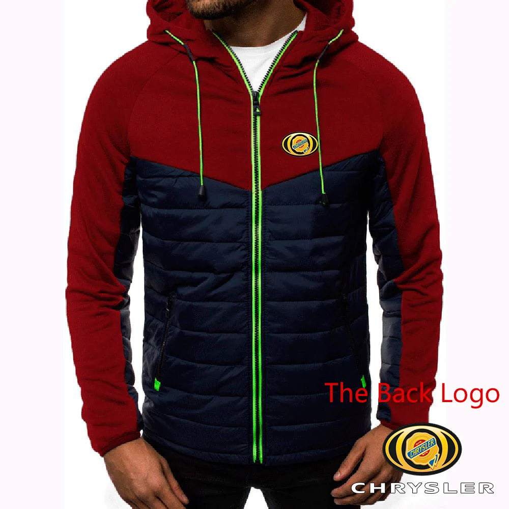 CHRYSLER 2022 Men's New Winter Hooded Cotton Jacket Casual Slim Fit Patchwork Zipper Coat Long Sleeves Warm Oversized Coat Tops