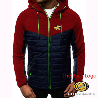 CHRYSLER 2022 Men's New Winter Hooded Cotton Jacket Casual Slim Fit Patchwork Zipper Coat Long Sleeves Warm Oversized Coat Tops