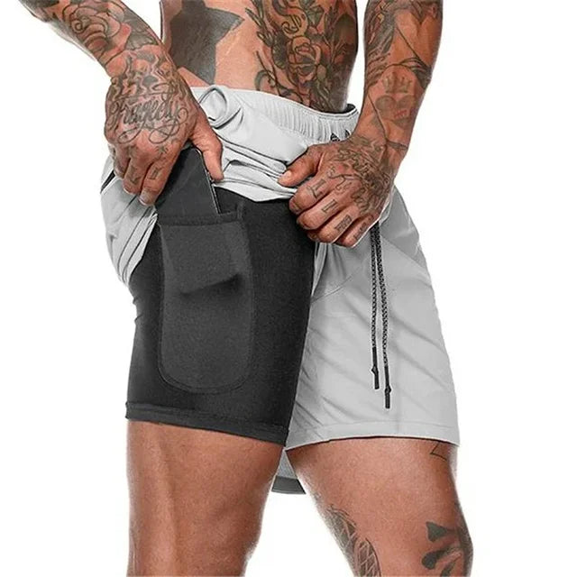 Men's Fitness Built-in Pocket Sports Shorts Summer 2 in 1 Quick Dry Gym Beach Shorts Running Double-decker Shorts Mesh Sweatpants 