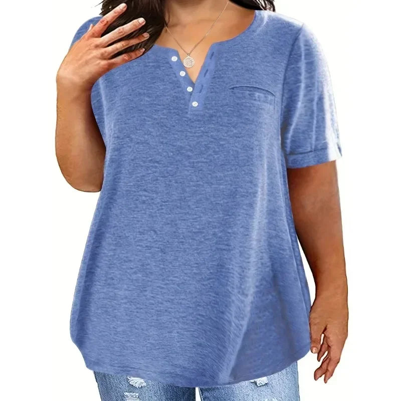 Plus size 1xl-8xl feminino solto topos senhoras casual com decote em v manga curta bolso camiseta primavera e verão novo estilo