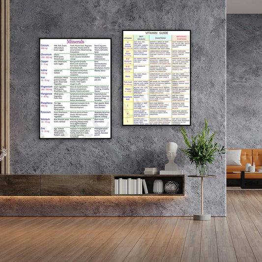 Guide, information on important minerals for health and well-being, healthy vitamins guide decorative canvas typographic poster