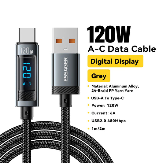 Essager 120W USB  Type C Cable Fast Charging USB C Charger Cord For For iPhone 15 14 13 12 Huawei With Led Digital Display Cable