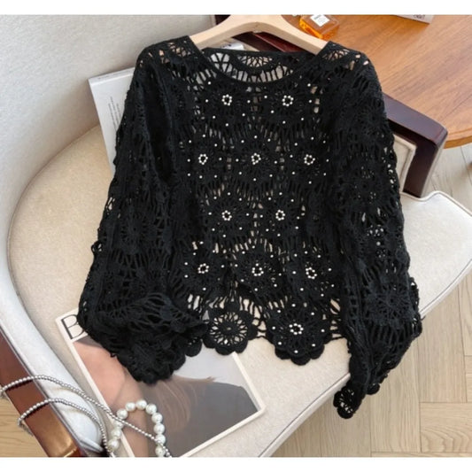 Casual Long Sleeve Elegant cardigan Beading O-neck Chic Vintage Hook Flower Hollow Out Top Plus Size Clothing