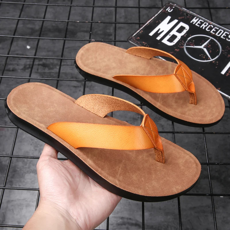 Size 38-47 New Italian Leather Flip-flops For Men Casual Cool Beach Summer Shoes Hotel Slippers Man Light Flats Luxe Men's Shoes