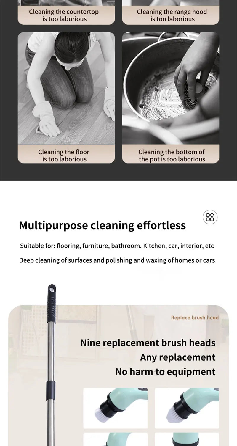 9-in-1 Multifunctional Wireless Electric Cleaning Brush Household Kitchen Bathroom Brush USB Handheld Rotating Cleaning Tools