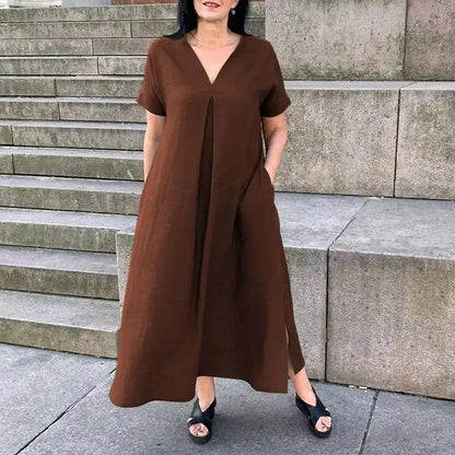 Vestido de manga curta de algodão e cânhamo feminino, decote em v, monocromático, casual, solto, grande, primavera, verão, moda, plus size, L a 5XL