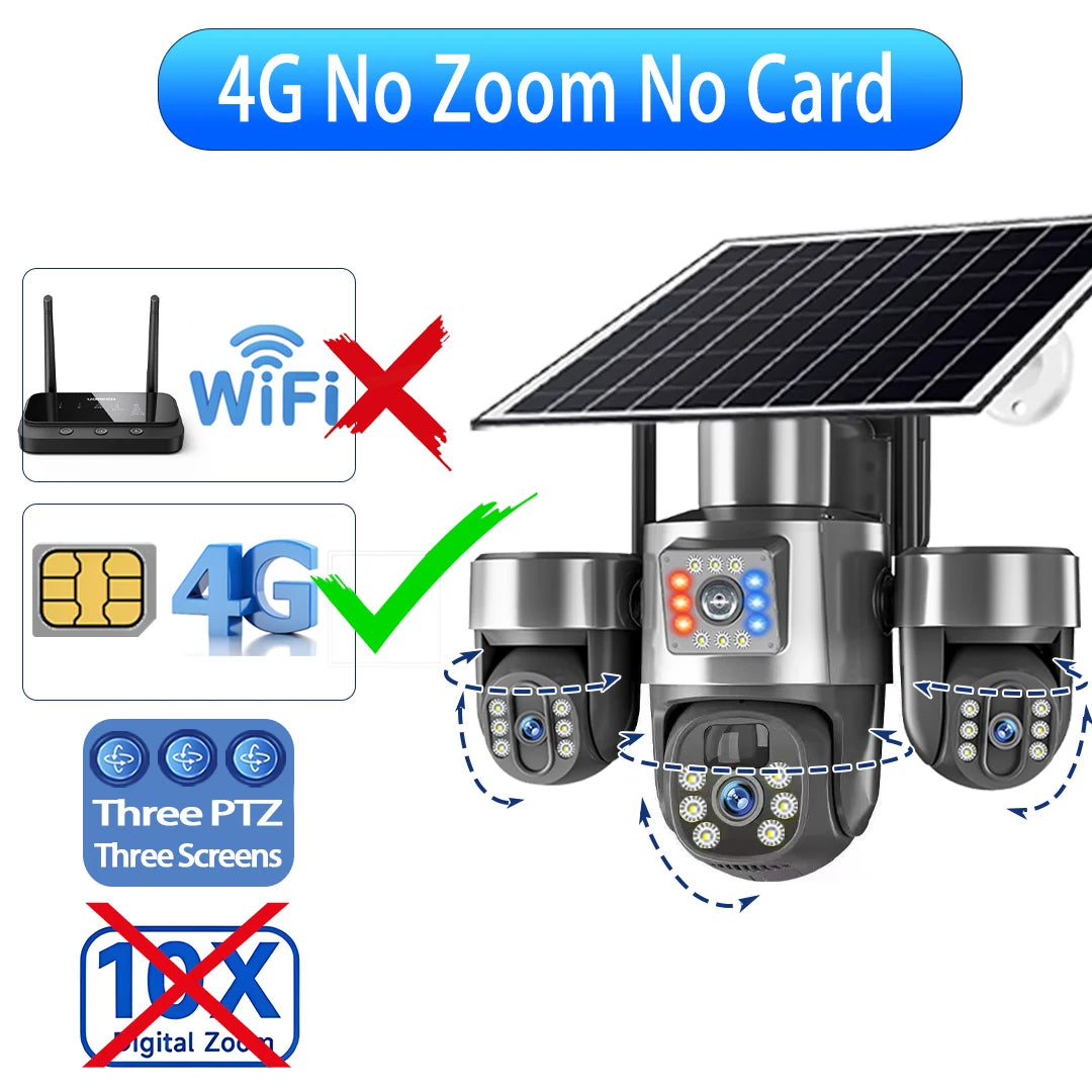 20MP 4G Sim Solar Camera WiFi 10X Optical Zoom 3-PTZ 4-Lens 3-Screens Outdoor Wireless Security Cameras Auto Tracking CCTV V380